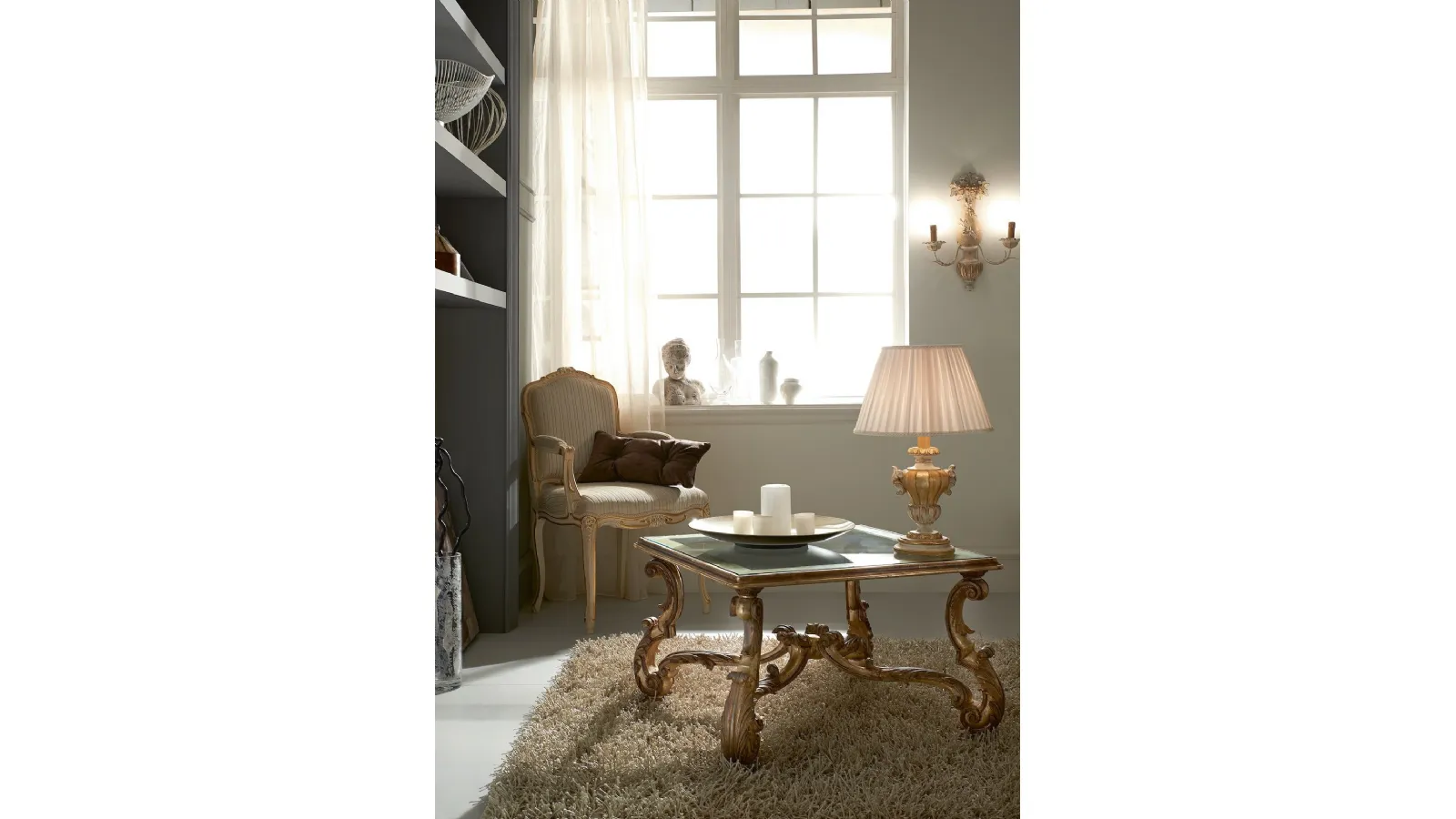 Tavolino quadrato 3439 in stile barocco con top in vetro di Silvano Grifoni