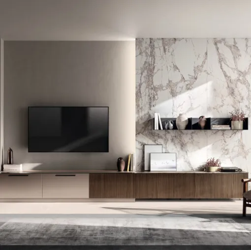 Parete Attrezzata Living Musa 01 in Rovere Pecan e laccato opaco di Scavolini