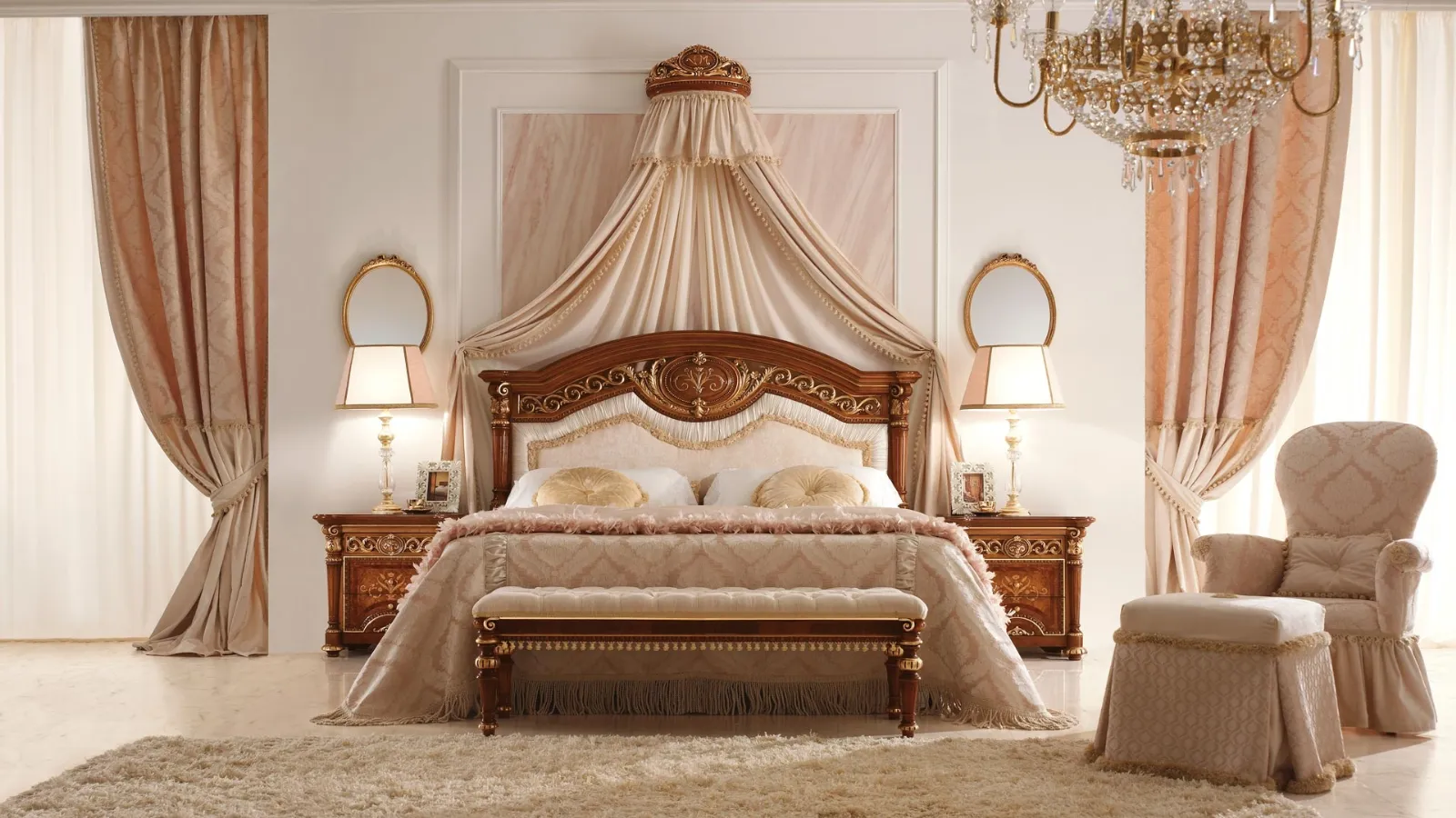 Letto Luigi XVI 11 in legno con testiera in tessuto di Valderamobili
