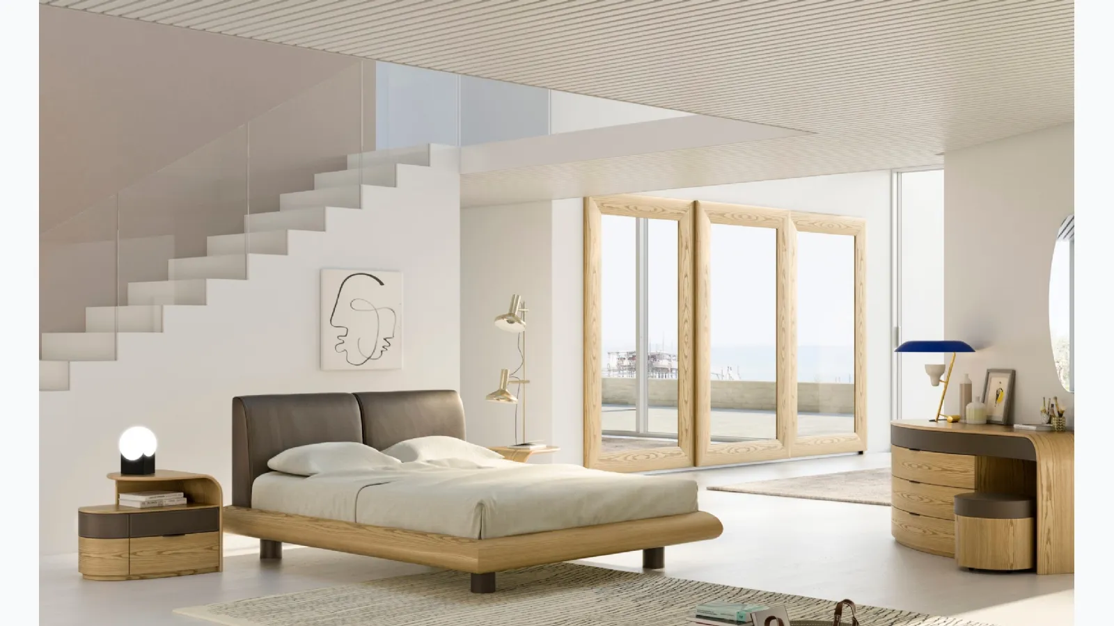 Letto in legno massello con testiera imbottita rivestita in pelle Ricordo di Fazzini