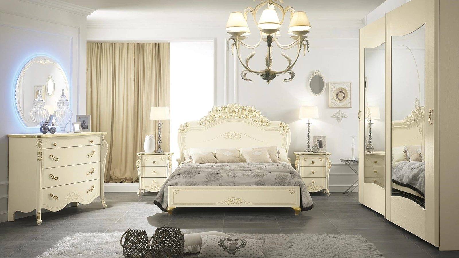 Letto Viola Luxor con testiera intarsiata e lavorata in foglia d'oro di Mobil Più