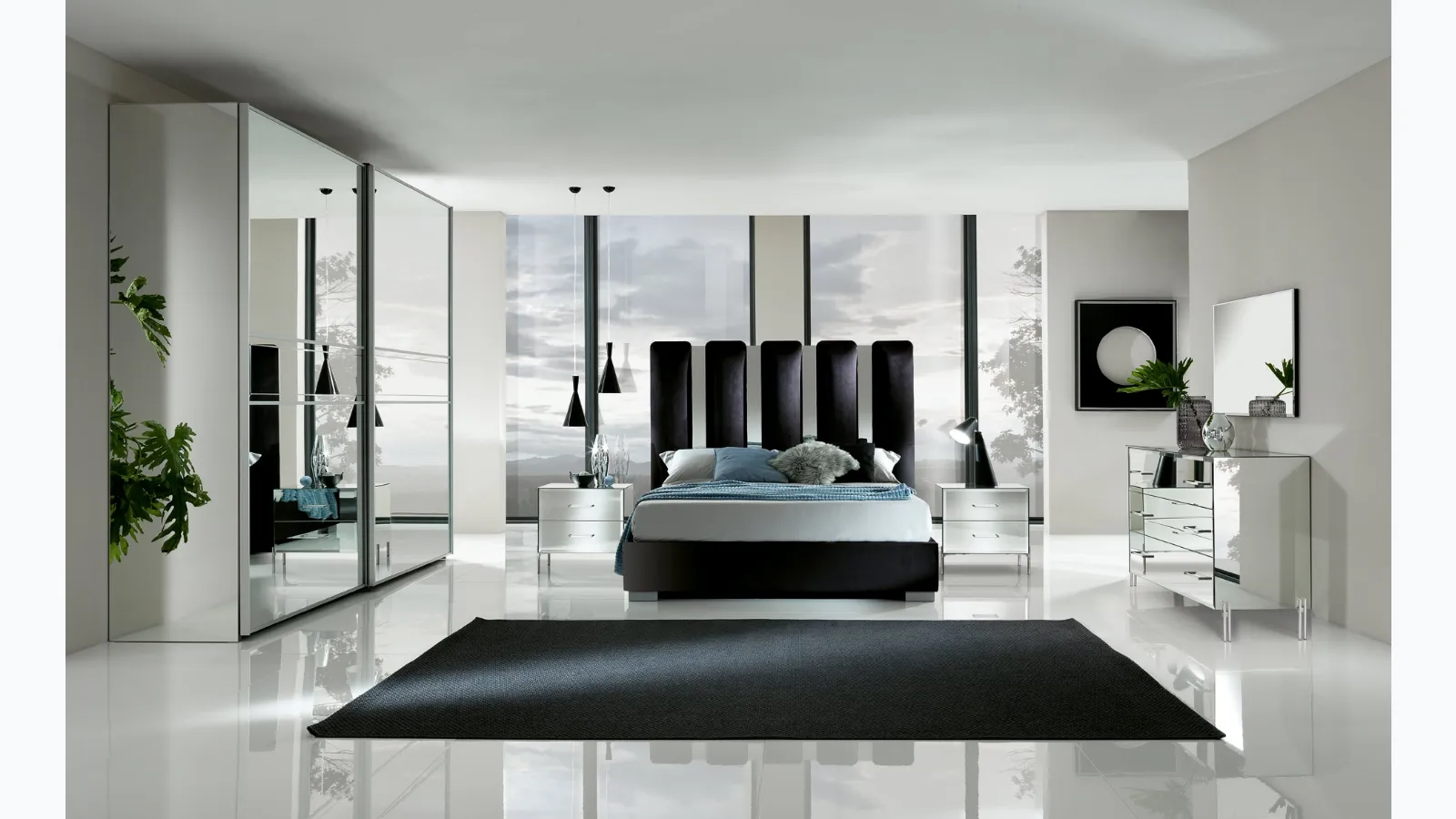 Letto imbottito Fantasy Luxury con testiera in velluto e specchio molato di Mobil Più