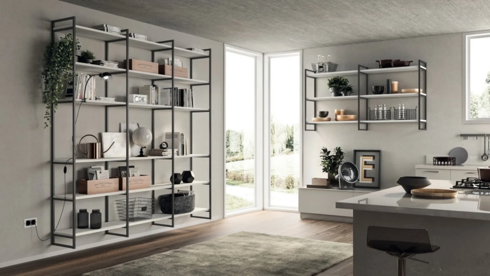 Libreria Living Sax sistema Metro in decorativo Concrete Jersey di Scavolini