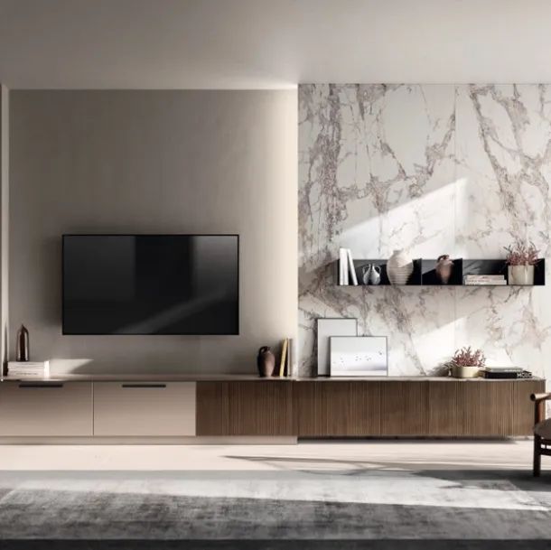 Parete Attrezzata Living Musa 01 in Rovere Pecan e laccato opaco di Scavolini