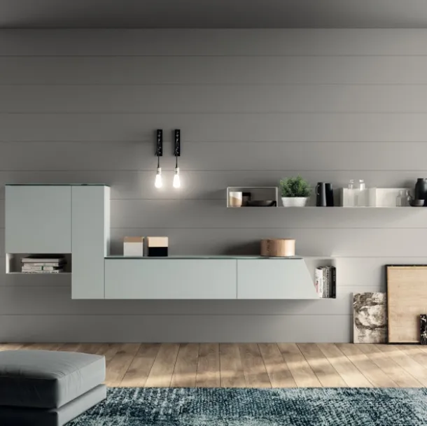 Parete Attrezzata sospesa Living Mood 03 in laccato opaco Ghiaccio di Scavolini