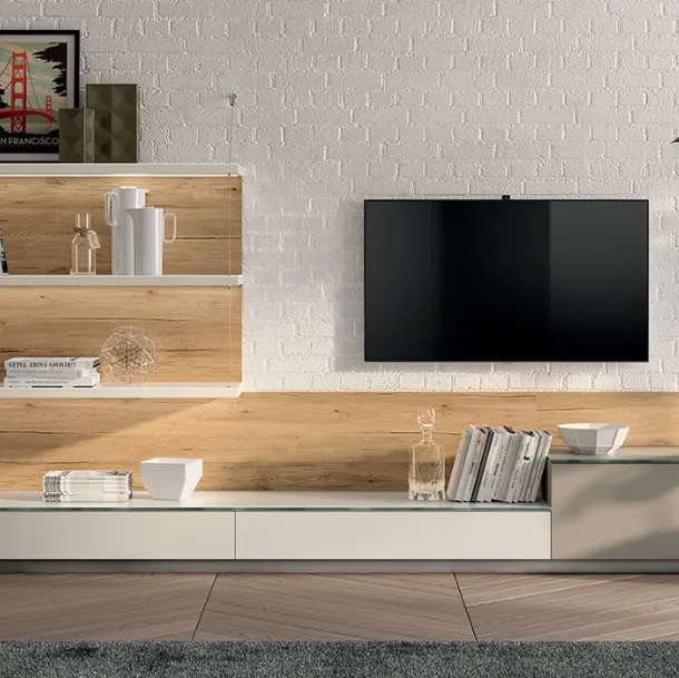 Parete Attrezzata Living Mood 02 in laccato opaco Visone e Bianco Prestige di Scavolini