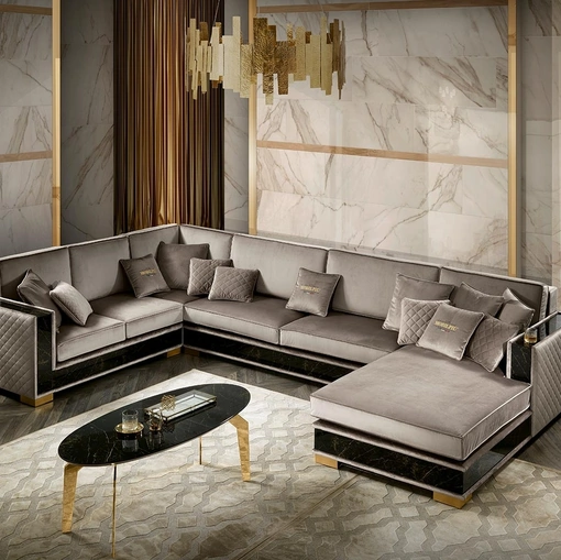 Divano angolare con penisola in tessuto con inserti in vetro effetto marmo Incanto di Mobil Più