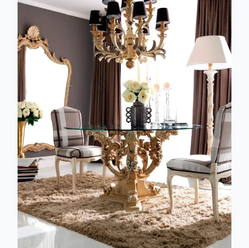 Tavolo con top in vetro e base in legno intagliato 3664 di Silvano Grifoni