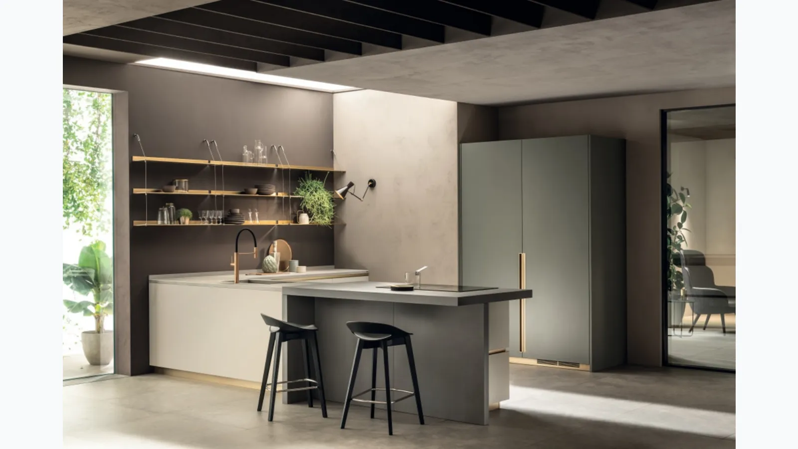Cucina Moderna DeLinea in laccato Tortora e Verde Minerale di Scavolini