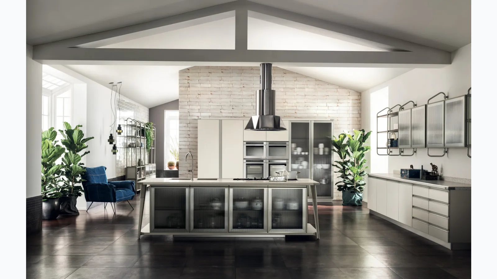 Cucina Moderna Diesel Open Workshop con Top in Quarz Motley di Scavolini