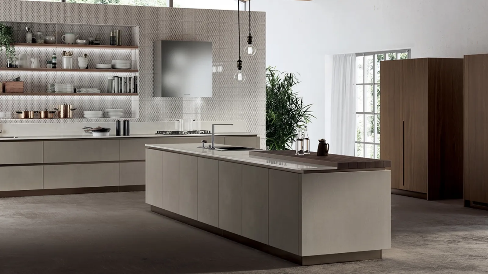Cucina Moderna Liberamente 13 in finitura Biomalta Argilla Delhi e Noce Royal di Scavolini