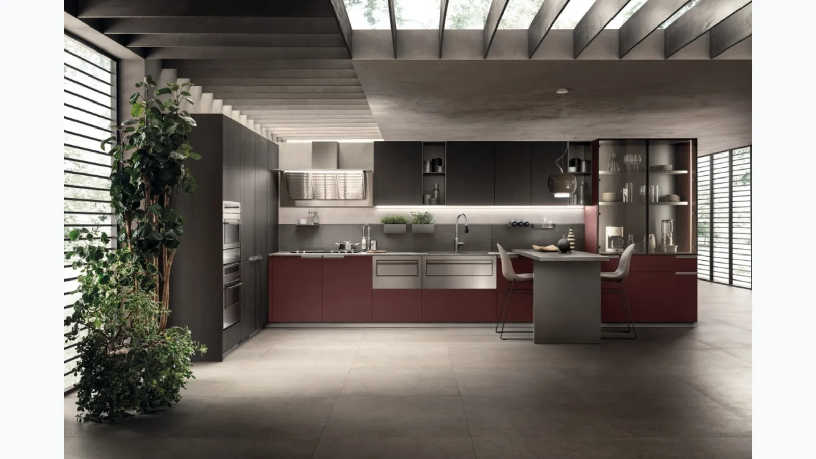 Cucina Moderna Mia Rosso Jaipur e Rovere Carbone di Scavolini