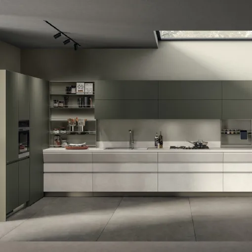 Cucina Moderna Motus in Pietra Solar e laccato opaco Verde Minerale di Scavolini