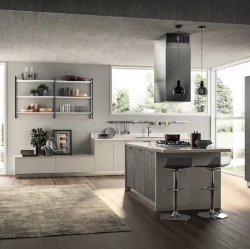 Cucina Moderna con isola Sax in decorativo Concrete Dark e Nebbia di Scavolini